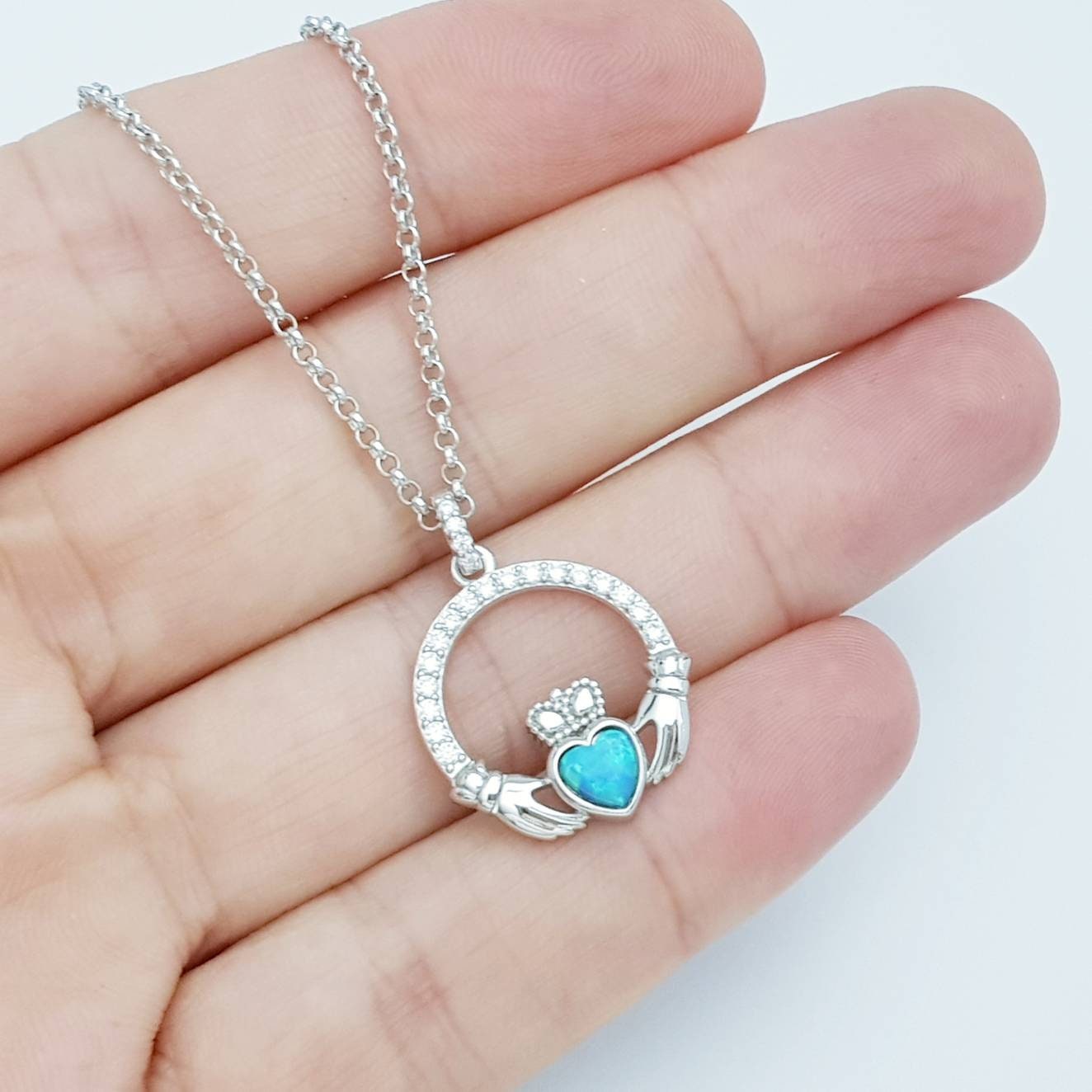 Opal Claddagh pendant, claddagh necklace, sterling silver claddagh pendant