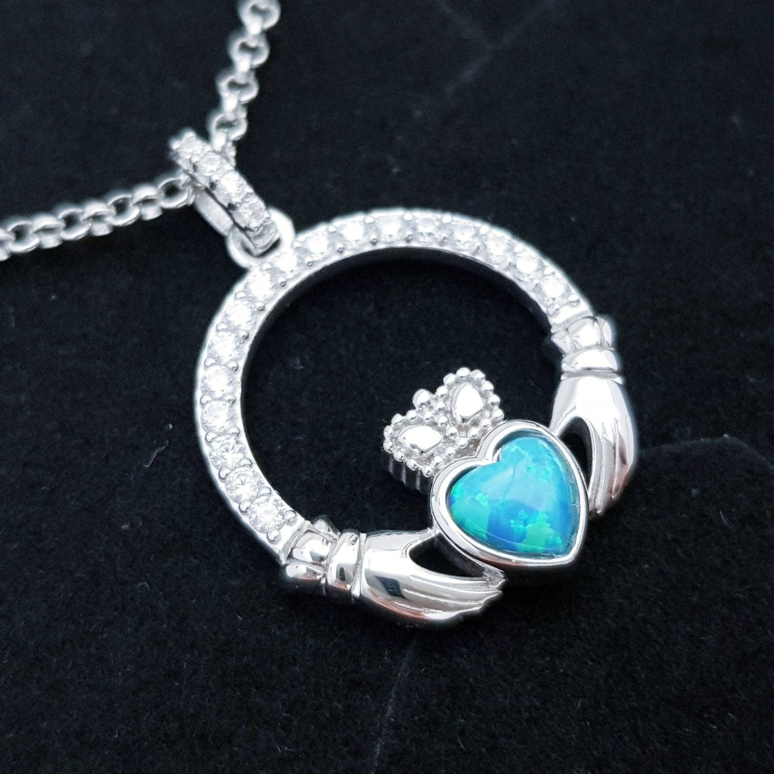 Opal Claddagh pendant, claddagh necklace, sterling silver claddagh pendant