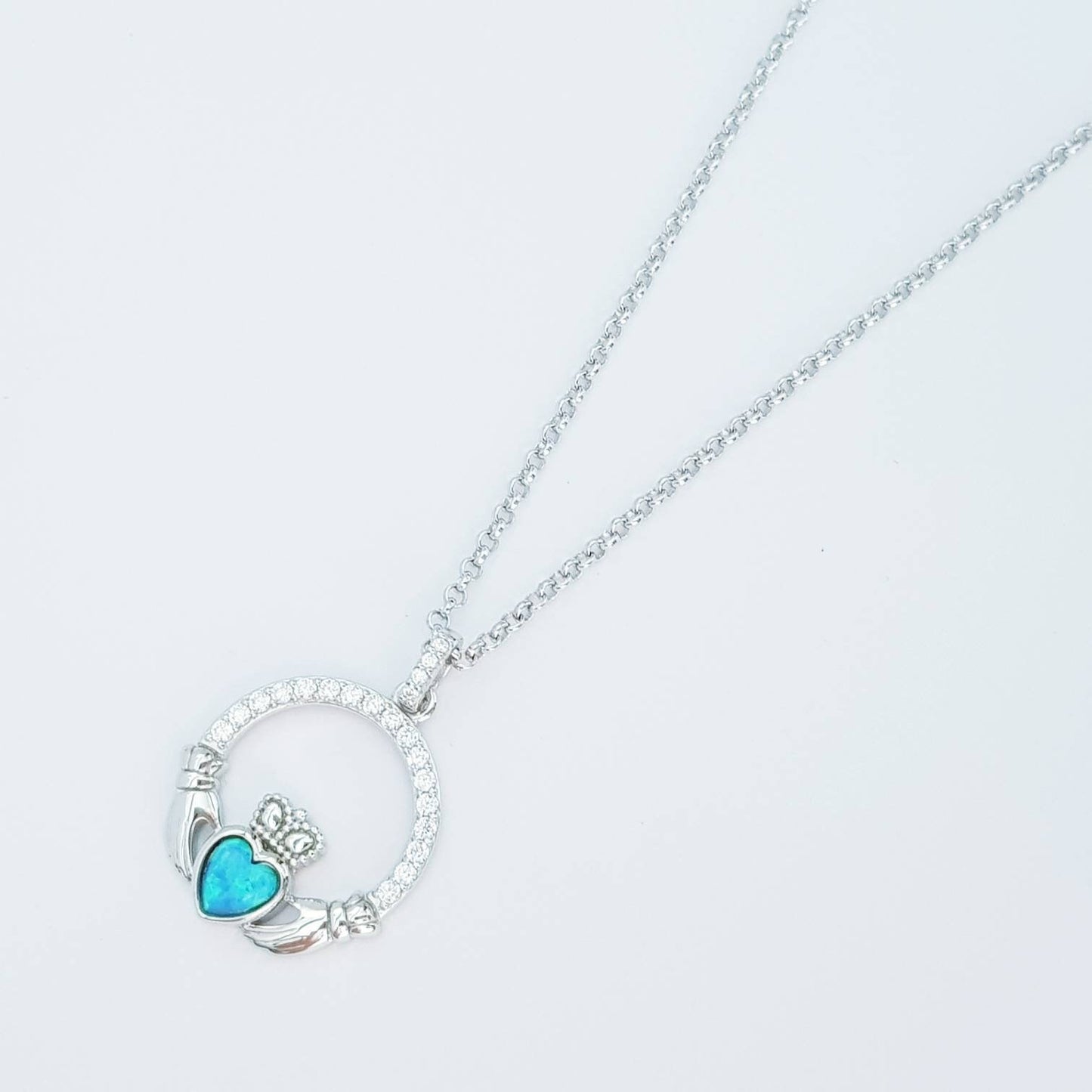 Opal Claddagh pendant, claddagh necklace, sterling silver claddagh pendant