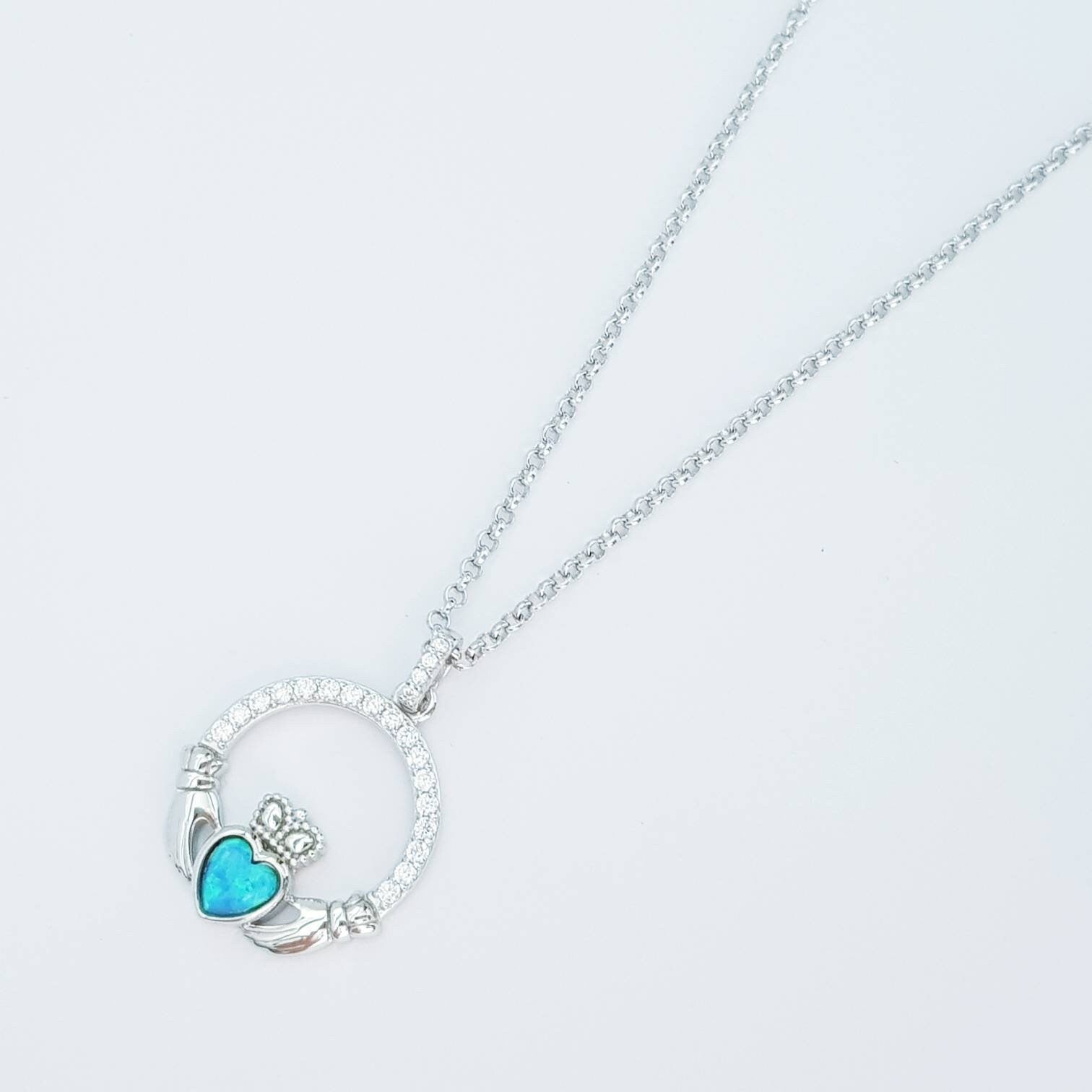 Opal Claddagh pendant, claddagh necklace, sterling silver claddagh pendant