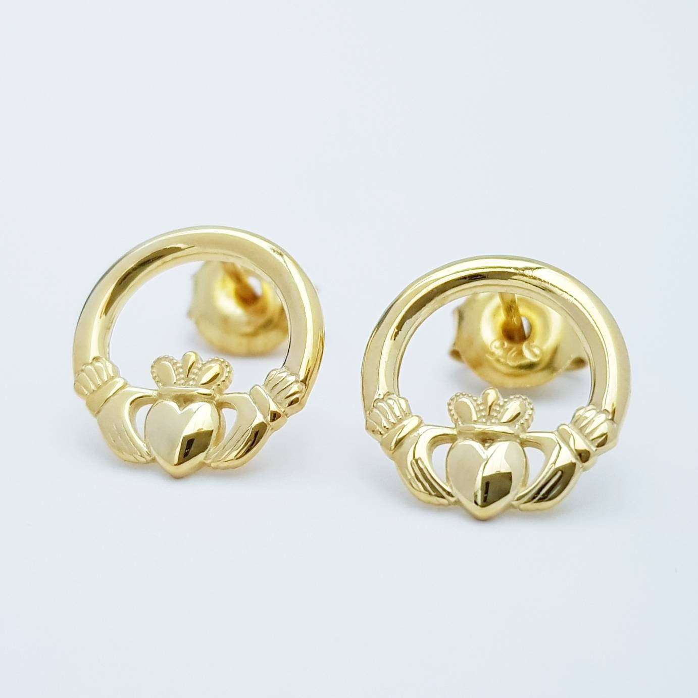 Claddagh stud Earrings, Gold plated Silver Claddagh Earrings