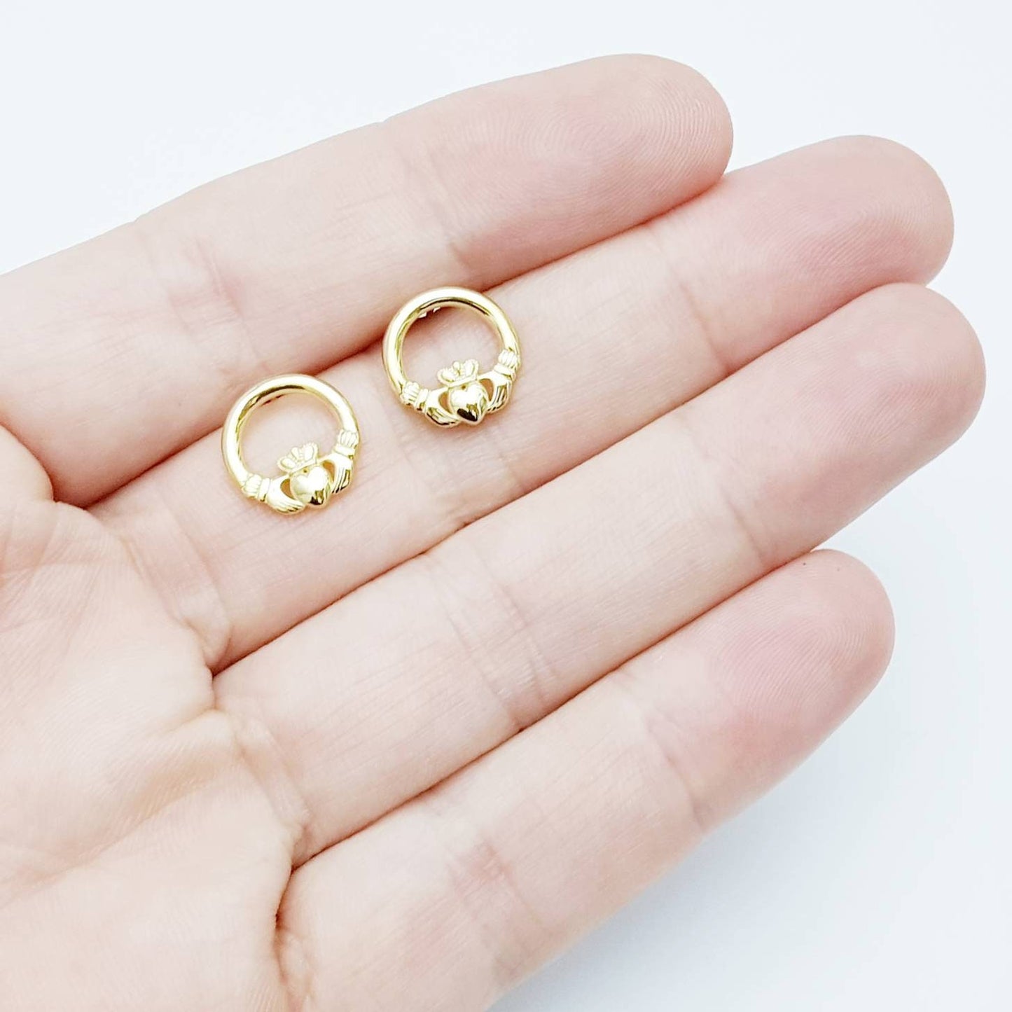 Claddagh stud Earrings, Gold plated Silver Claddagh Earrings