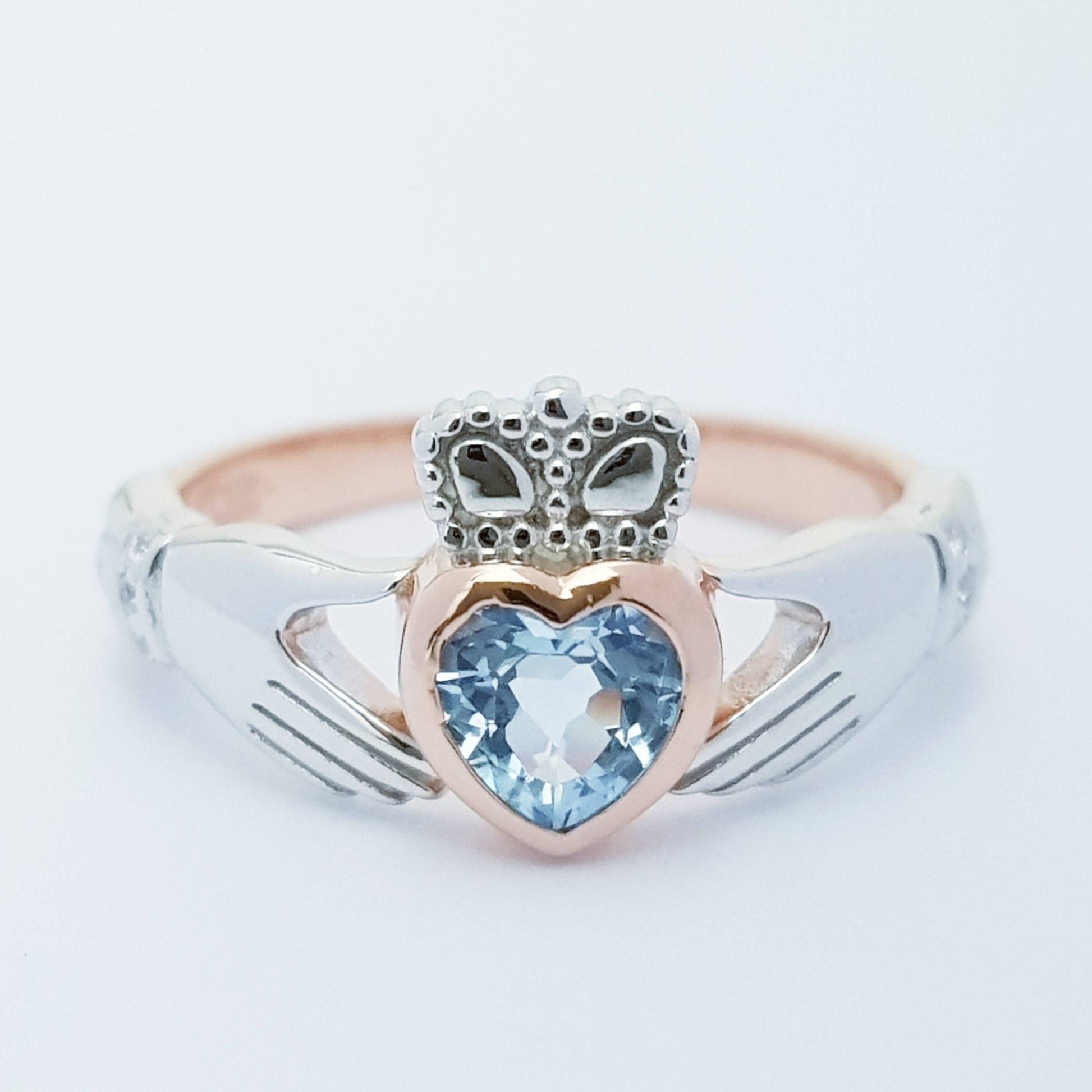 Sterling Silver Rose Gold plated Claddagh ring set with aquamarine stone, unique claddagh ring