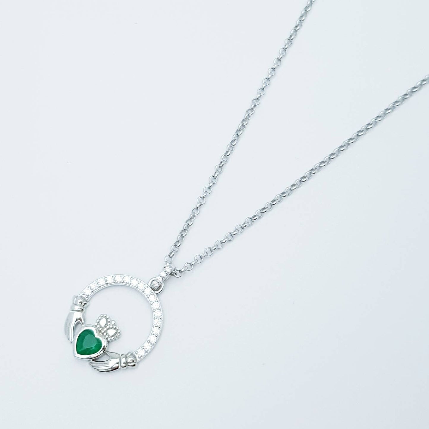 Sterling silver emerald green may birthstone claddagh necklace