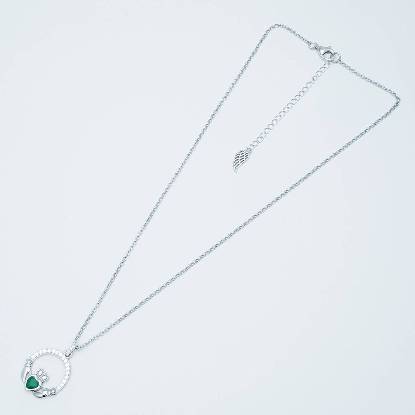 Sterling silver emerald green may birthstone claddagh necklace