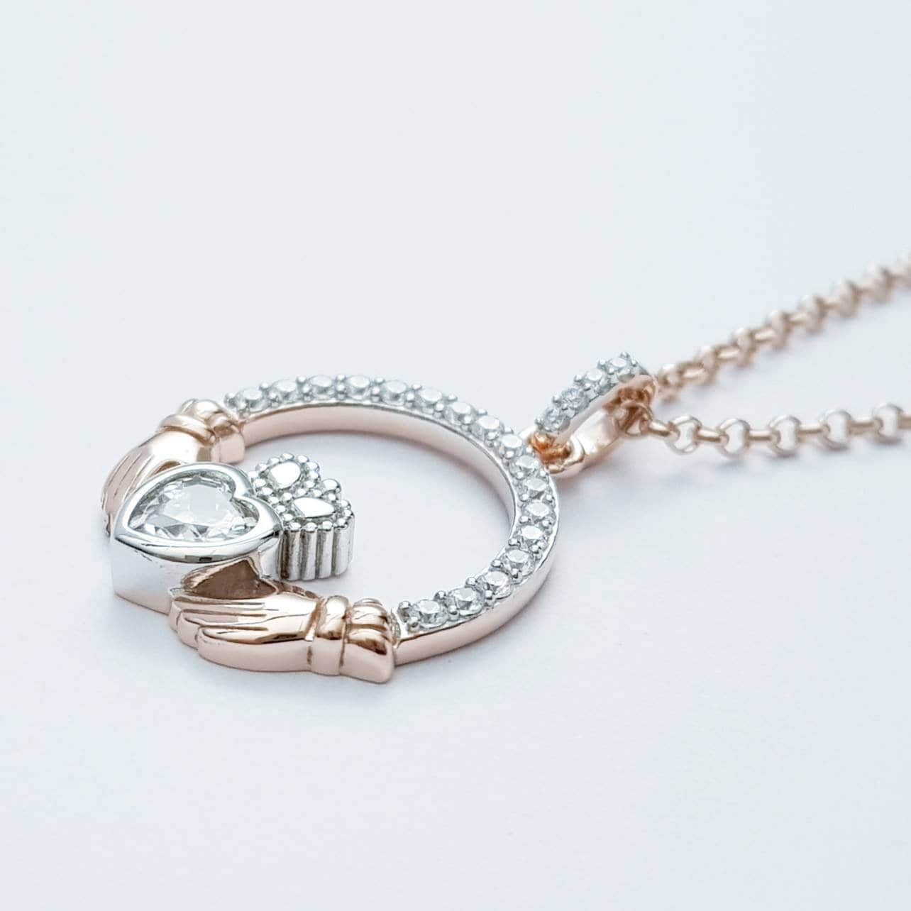 Sterling silver rose gold claddagh necklace, irish necklace with rose gold plating