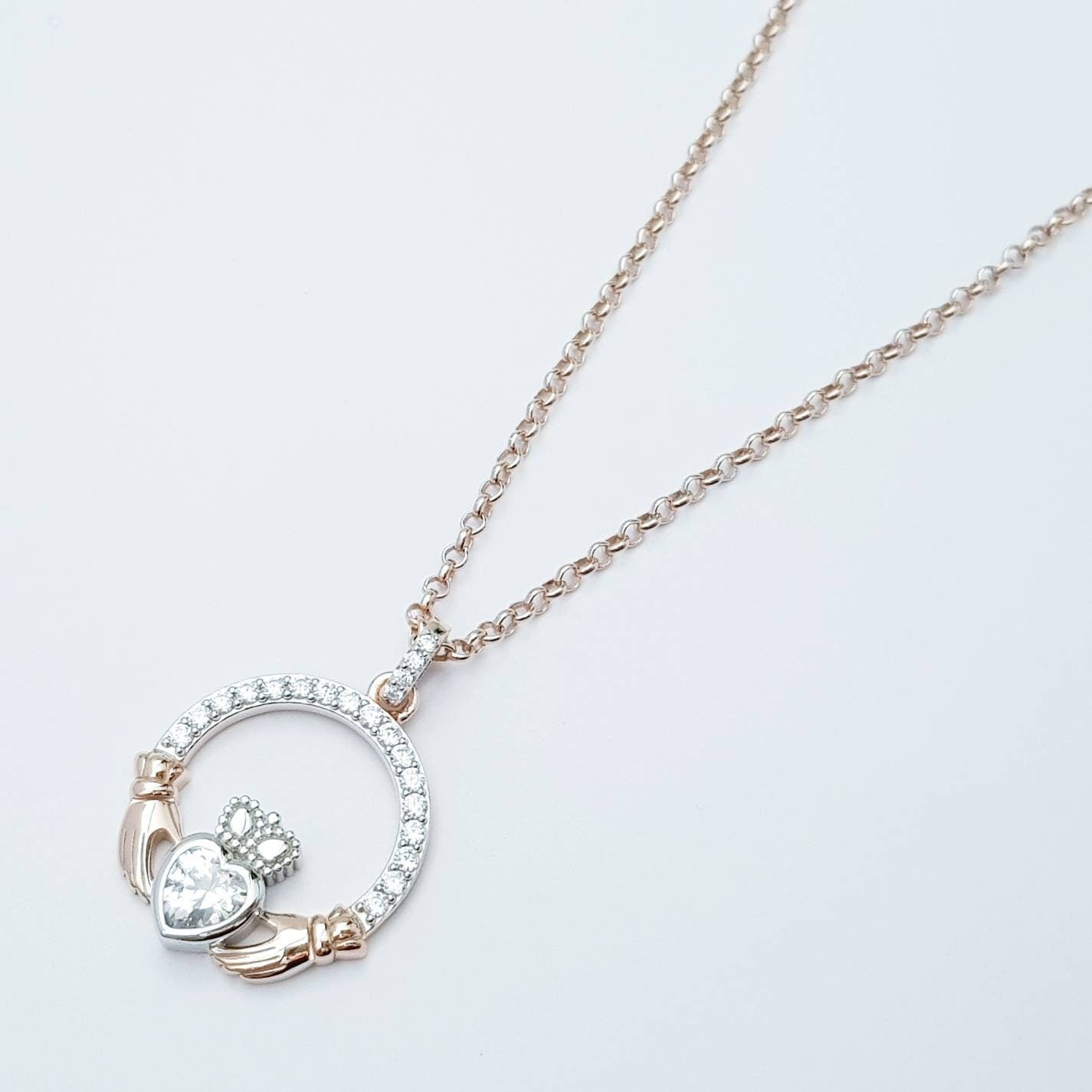 Sterling silver rose gold claddagh necklace, irish necklace with rose gold plating