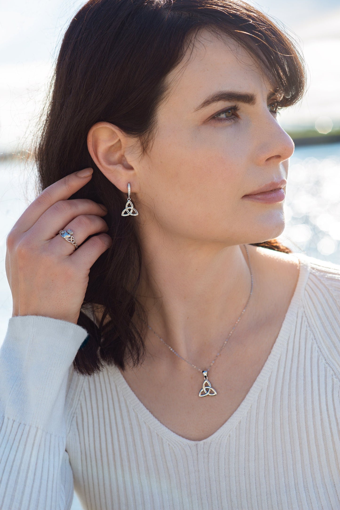 Celtic huggie Earrings, trinity knot drop earrings, silver Celtic jewelry, triquetra earrings, celtic dangle earrings