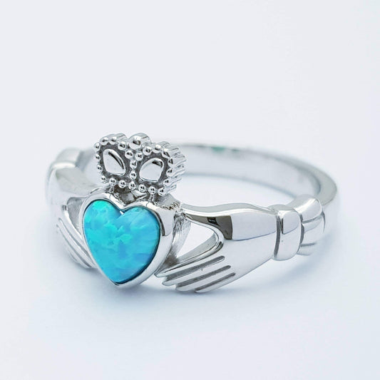 Sterling Silver Claddagh ring set with opal stone, October birthstone