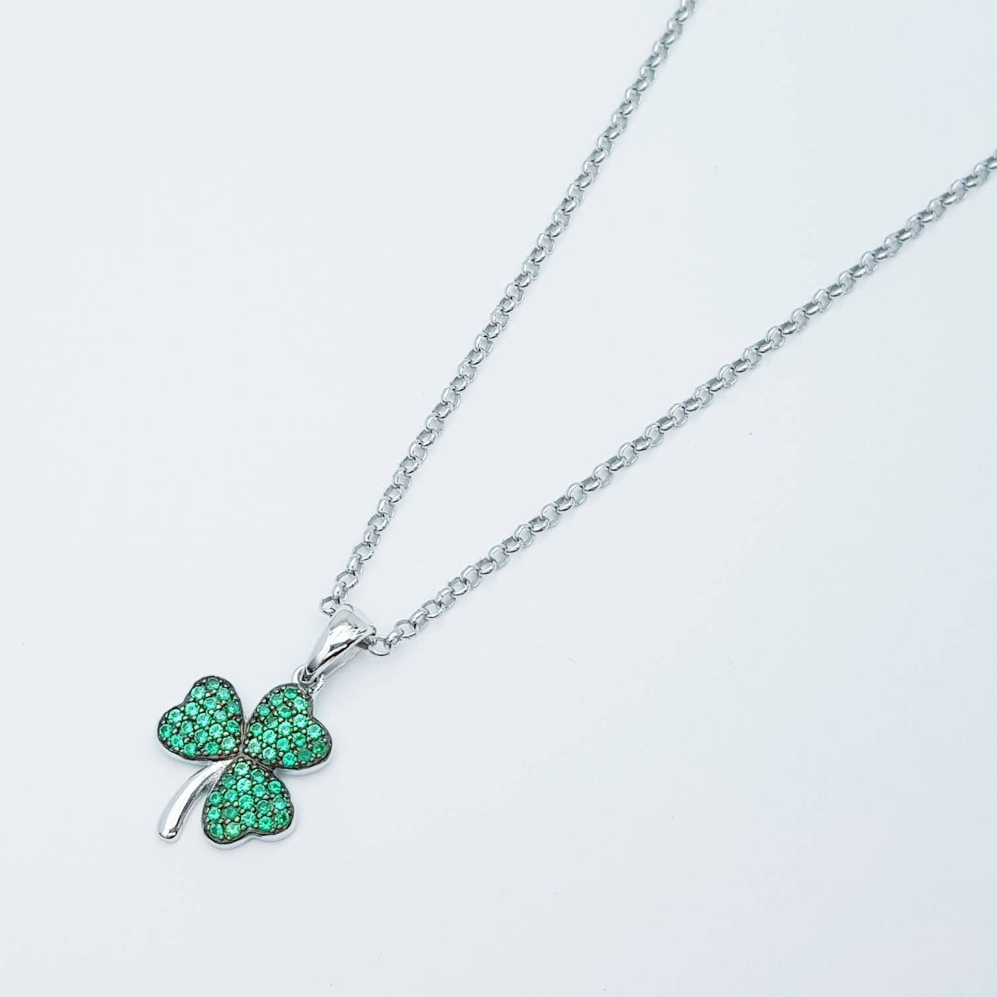 Sterling Silver Shamrock pendant, green stone set shamrock necklace