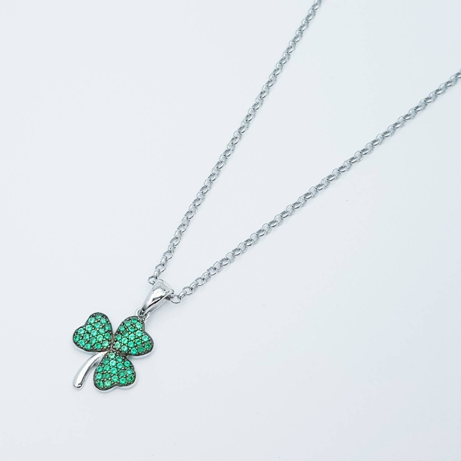 Sterling Silver Shamrock pendant, green stone set shamrock necklace