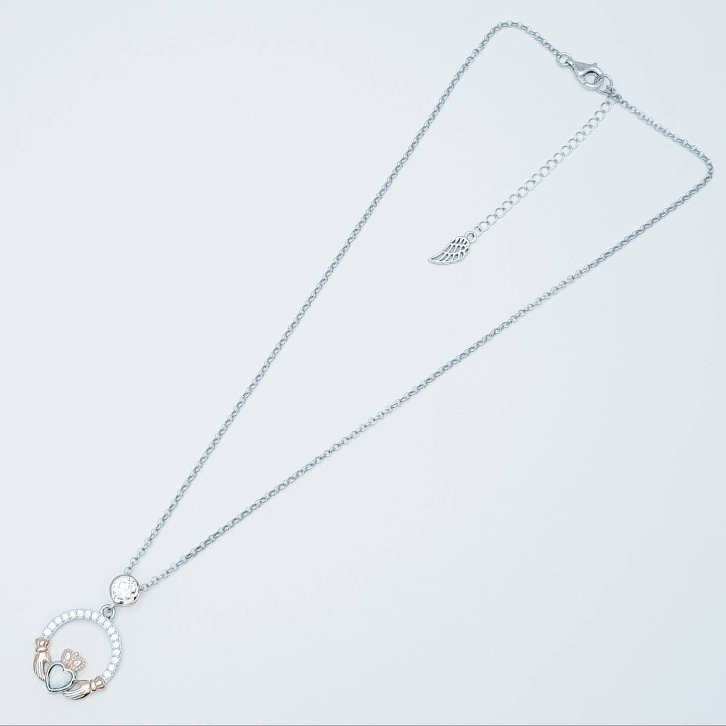 White Opal Claddagh pendant, claddagh necklace, rose gold claddagh pendant October birthstone