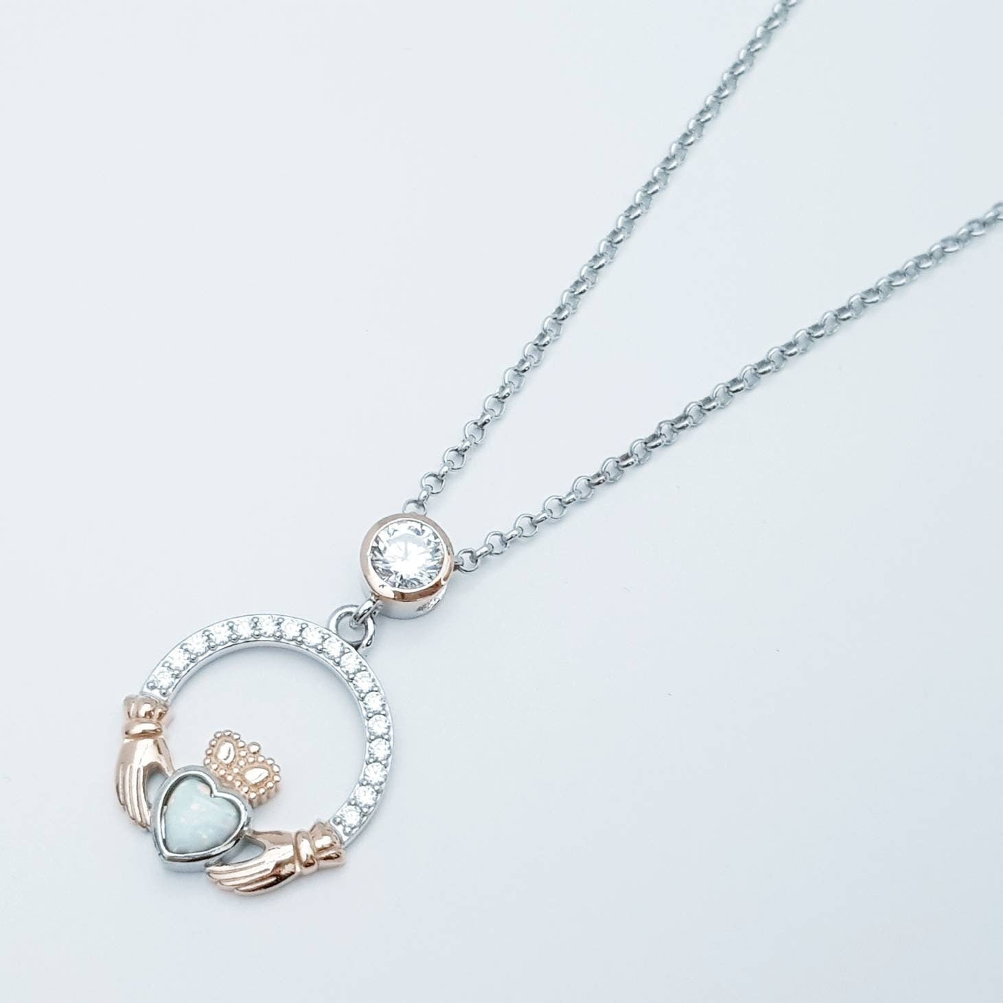 White Opal Claddagh pendant, claddagh necklace, rose gold claddagh pendant October birthstone