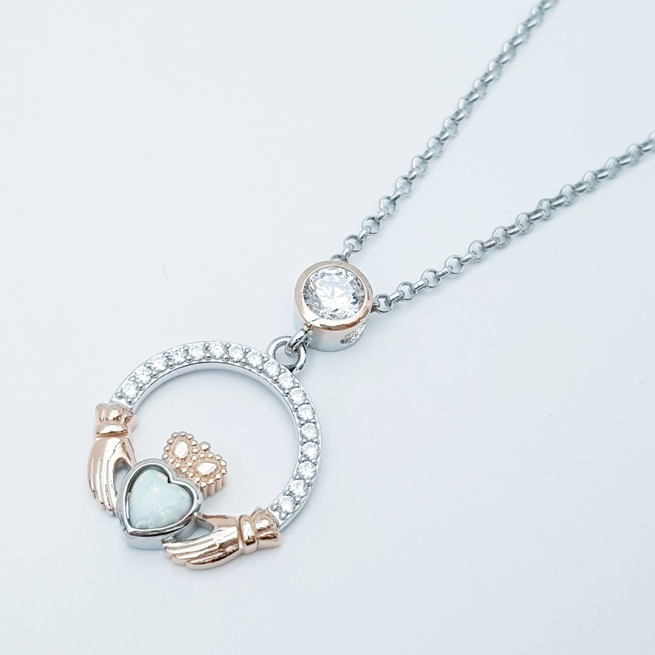 White Opal Claddagh pendant, claddagh necklace, rose gold claddagh pendant October birthstone