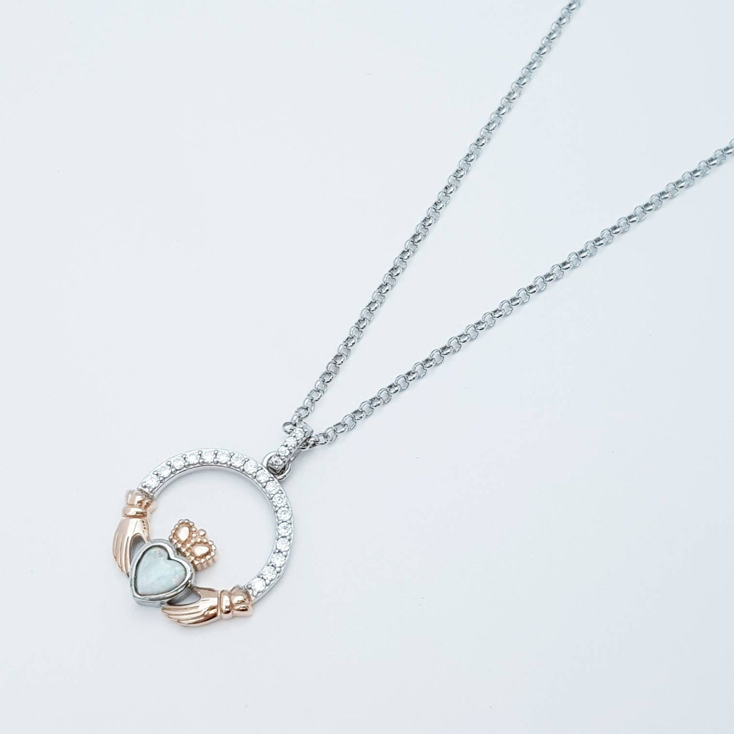 White Opal Claddagh pendant, claddagh necklace, rose gold claddagh pendant October birthstone
