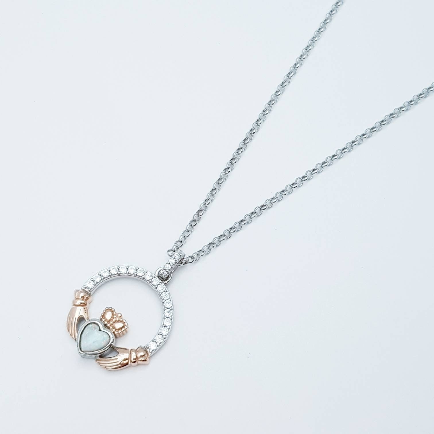 White Opal Claddagh pendant, claddagh necklace, rose gold claddagh pendant October birthstone