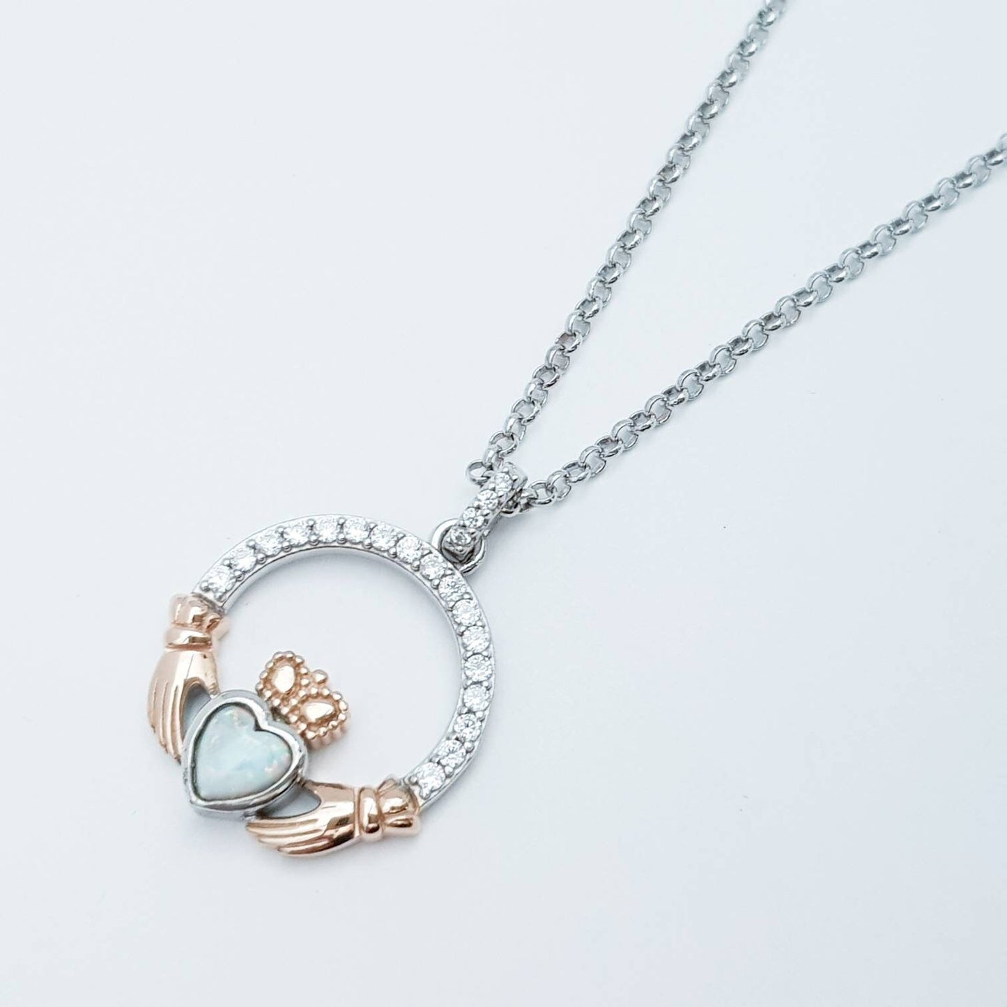 White Opal Claddagh pendant, claddagh necklace, rose gold claddagh pendant October birthstone
