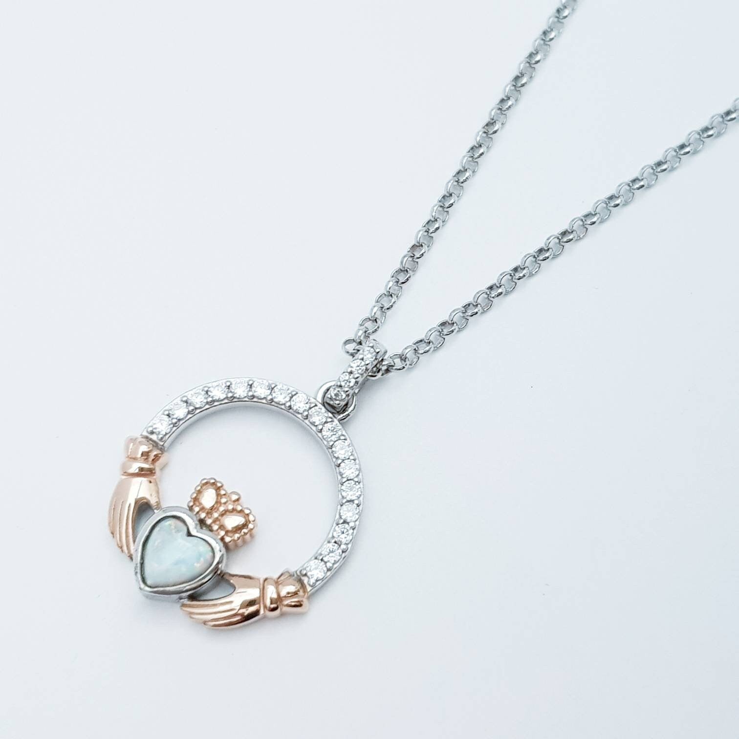 White Opal Claddagh pendant, claddagh necklace, rose gold claddagh pendant October birthstone