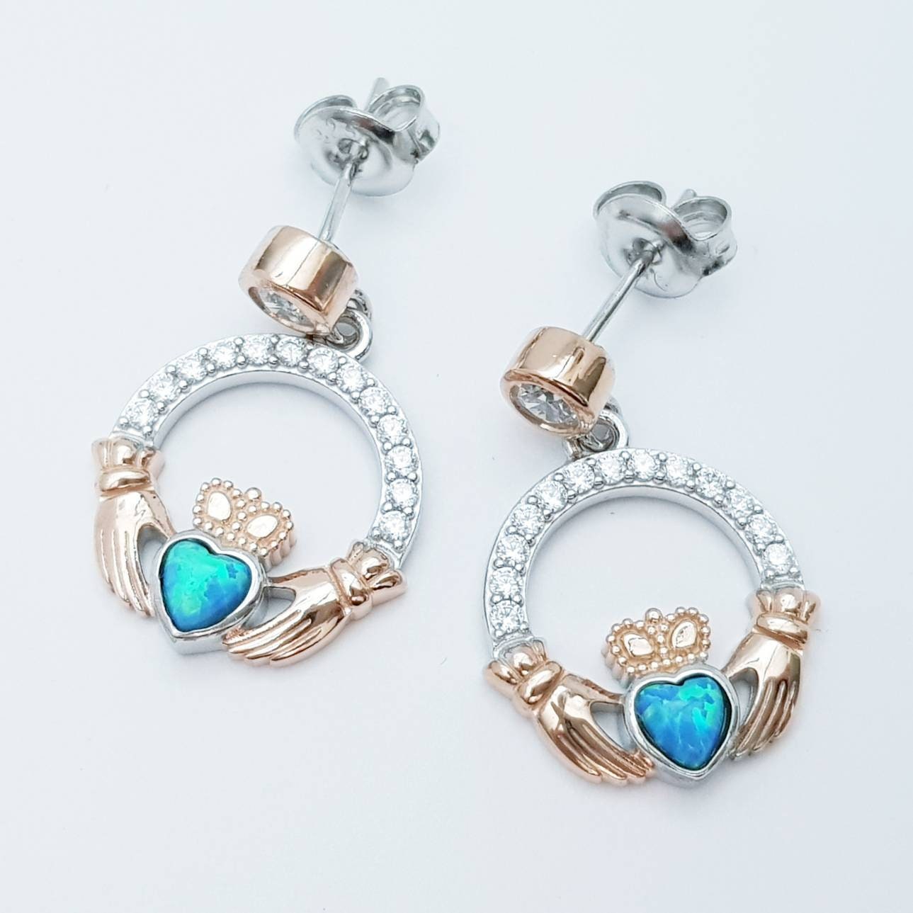Opal claddagh Earrings, Silver and rose gold Claddagh Earrings,