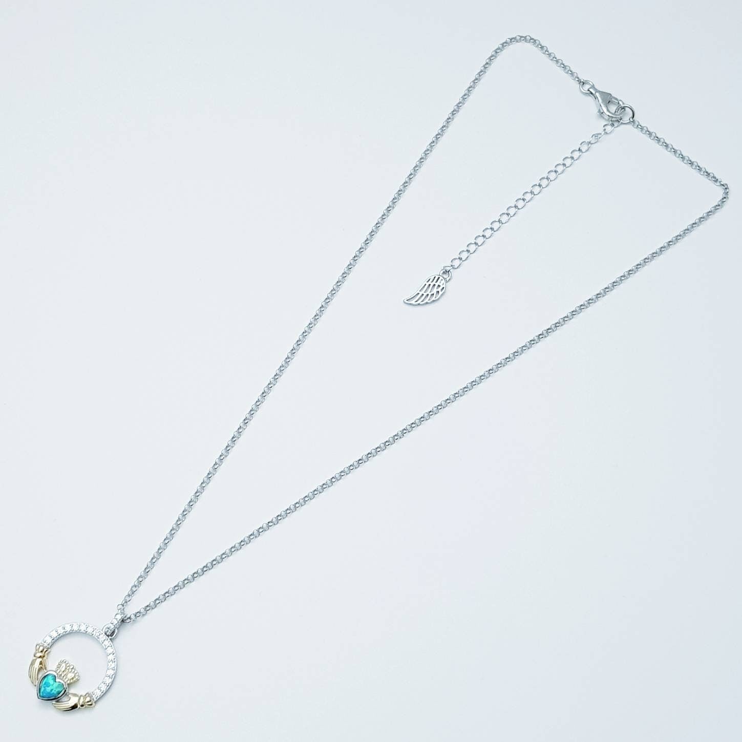 Black Opal Claddagh pendant, claddagh necklace, yellow gold and silver claddagh pendant October birthstone