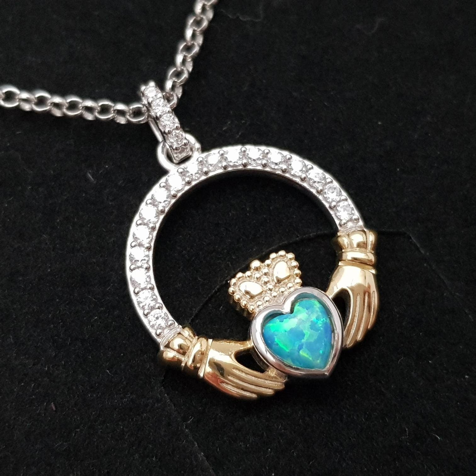 Black Opal Claddagh pendant, claddagh necklace, yellow gold and silver claddagh pendant October birthstone