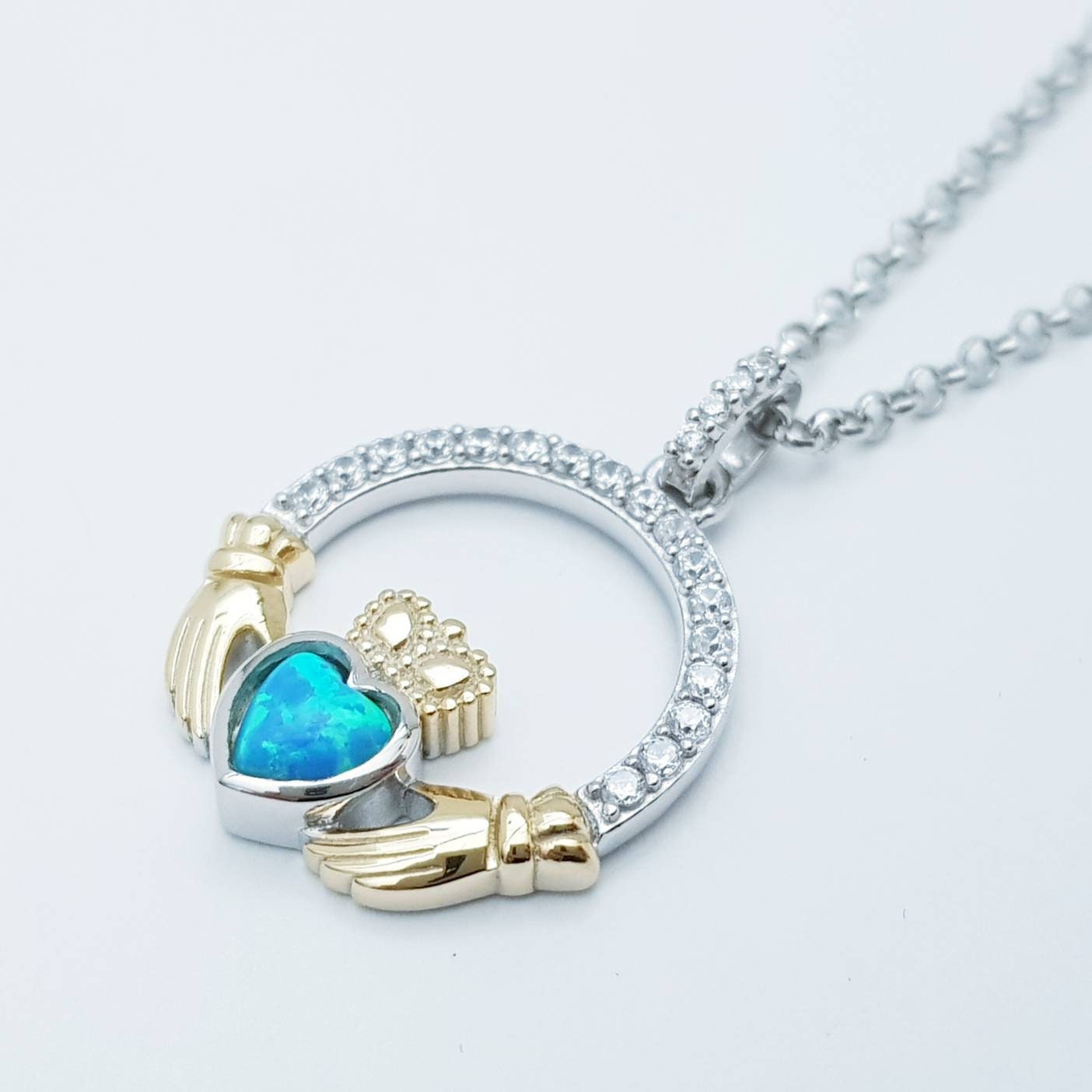 Black Opal Claddagh pendant, claddagh necklace, yellow gold and silver claddagh pendant October birthstone