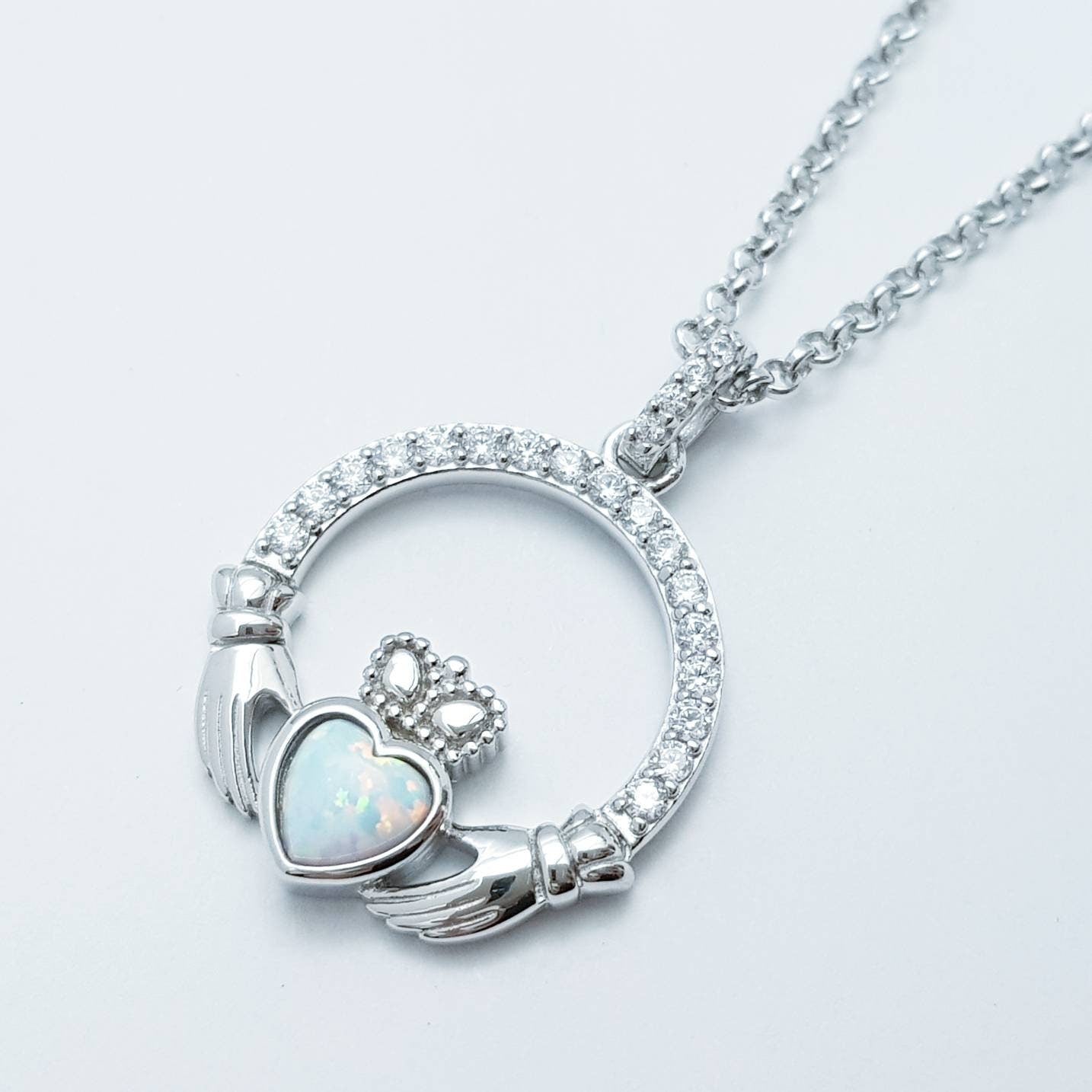White Opal Claddagh pendant, claddagh necklace, sterling silver claddagh pendant October birthstone