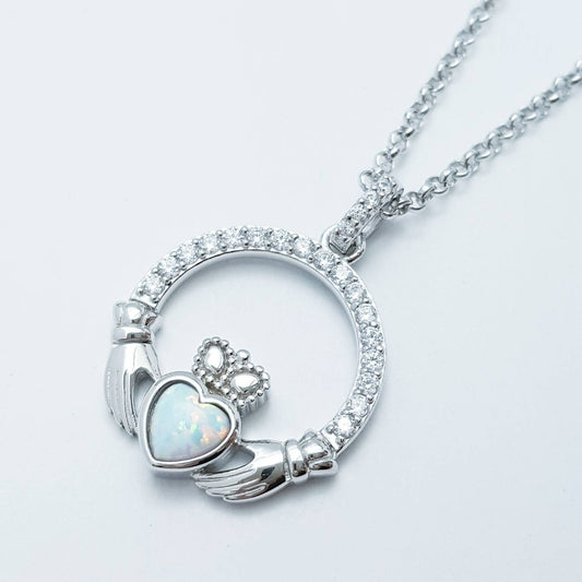 White Opal Claddagh pendant, claddagh necklace, sterling silver claddagh pendant October birthstone