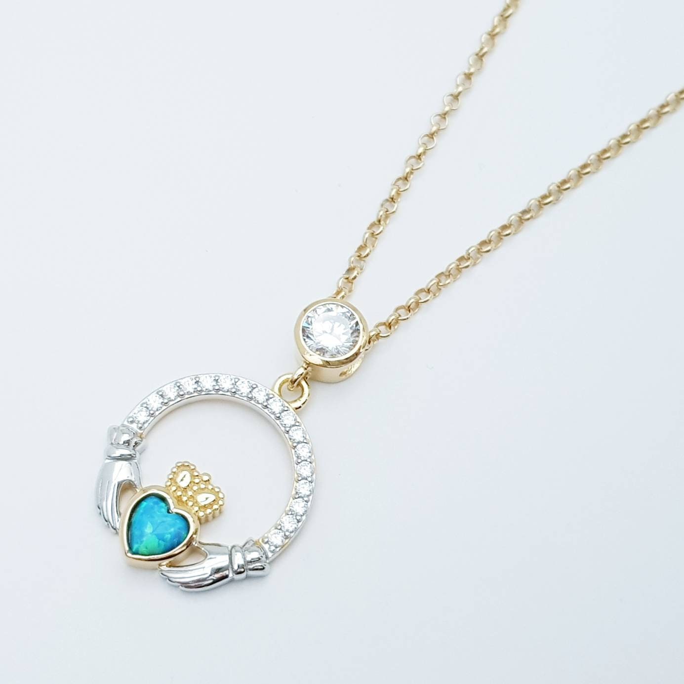 Opal Claddagh pendant, claddagh necklace, yellow gold claddagh pendant October birthstone