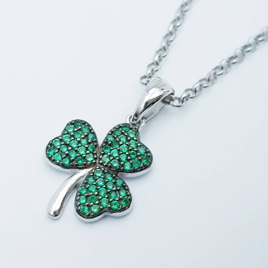 Sterling Silver Shamrock pendant, green stone set shamrock necklace