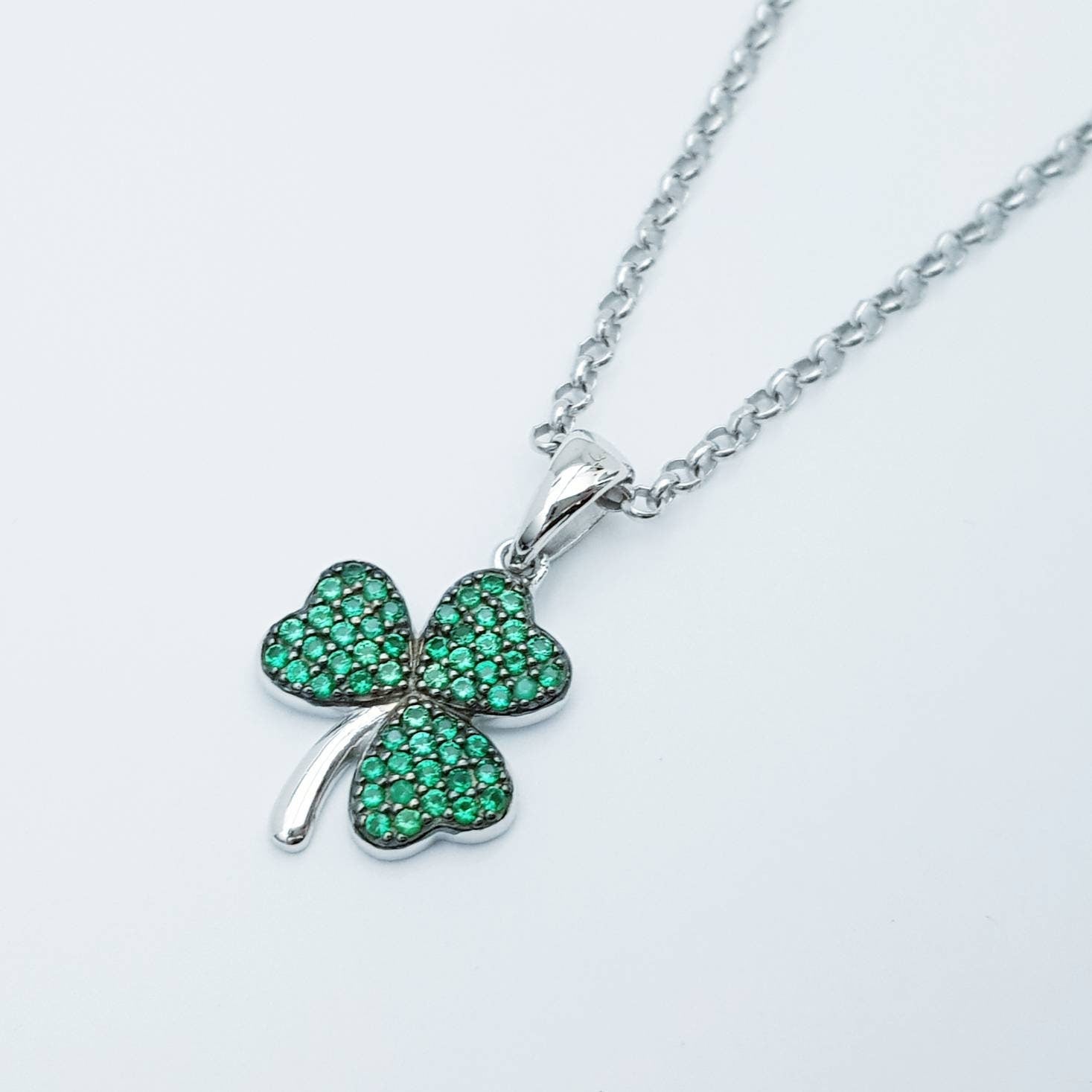 Sterling Silver Shamrock pendant, green stone set shamrock necklace