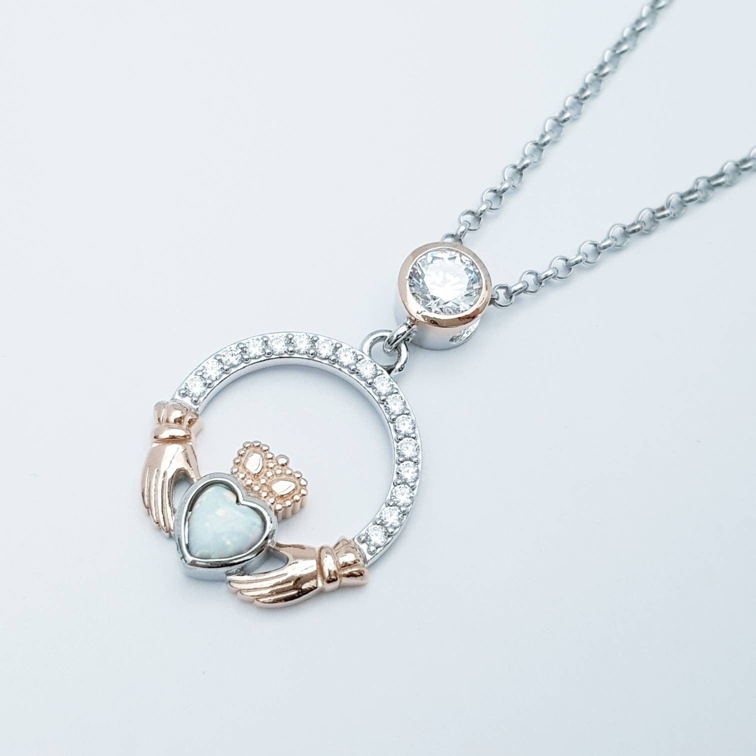 White Opal Claddagh pendant, claddagh necklace, rose gold claddagh pendant October birthstone