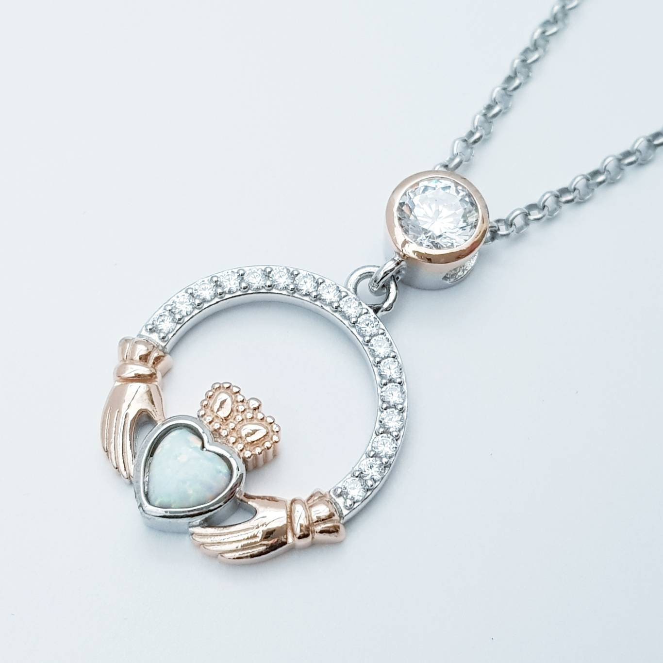 White Opal Claddagh pendant, claddagh necklace, rose gold claddagh pendant October birthstone