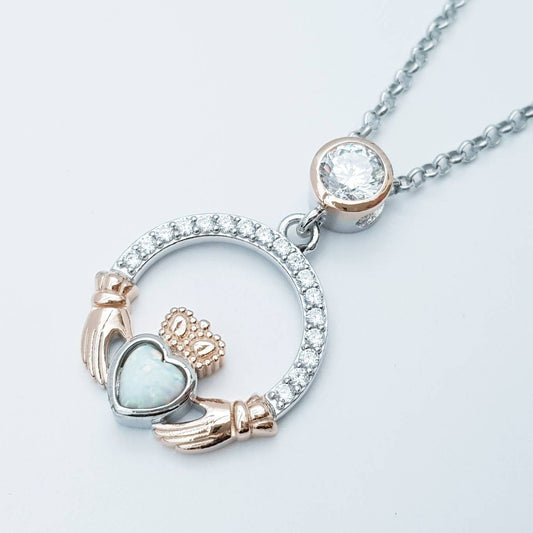 White Opal Claddagh pendant, claddagh necklace, rose gold claddagh pendant October birthstone