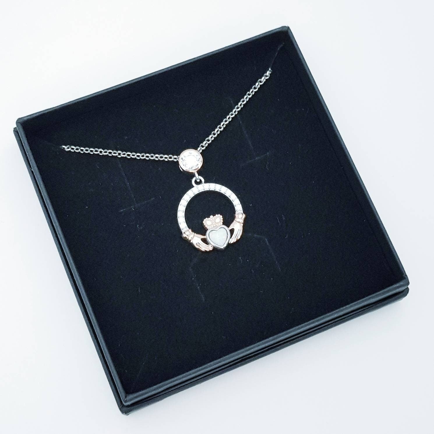 White Opal Claddagh pendant, claddagh necklace, rose gold claddagh pendant October birthstone