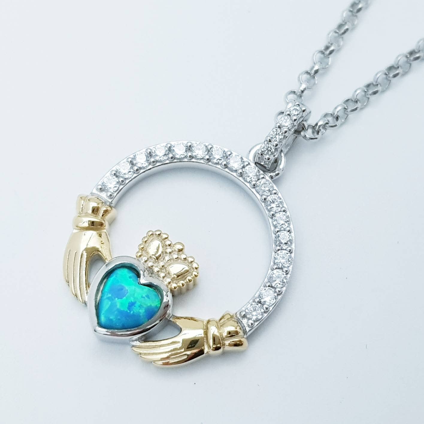 Black Opal Claddagh pendant, claddagh necklace, yellow gold and silver claddagh pendant October birthstone