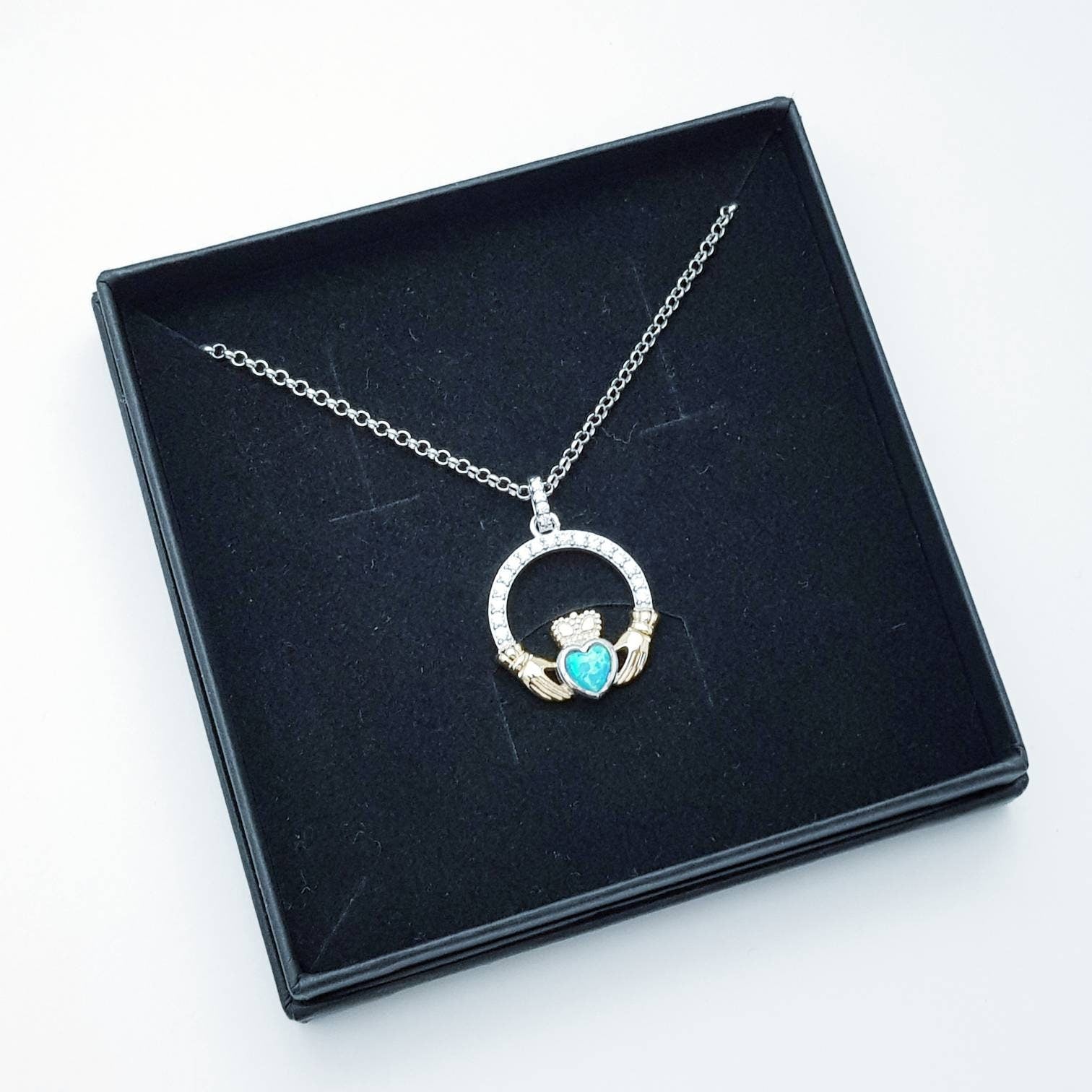 Black Opal Claddagh pendant, claddagh necklace, yellow gold and silver claddagh pendant October birthstone