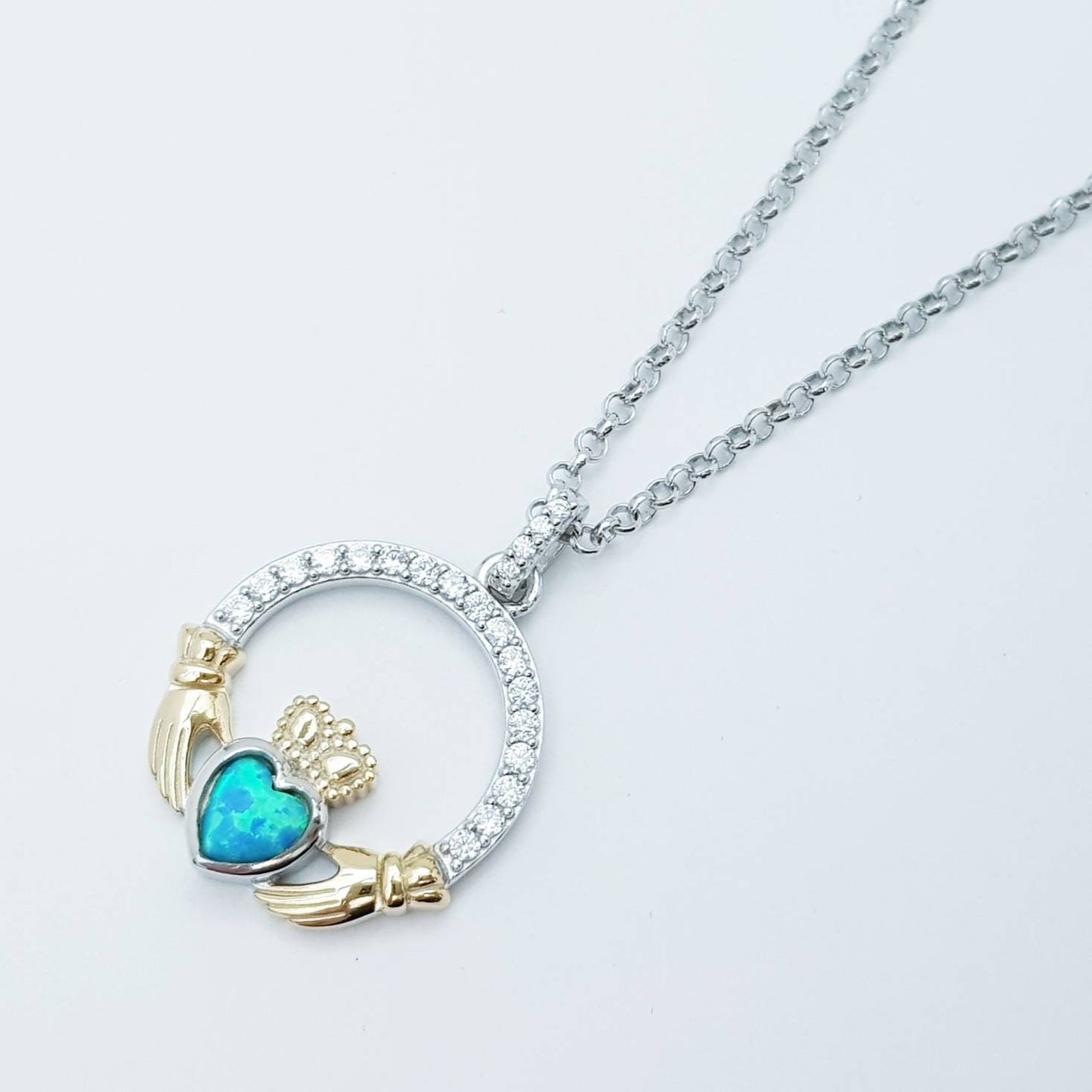 Black Opal Claddagh pendant, claddagh necklace, yellow gold and silver claddagh pendant October birthstone