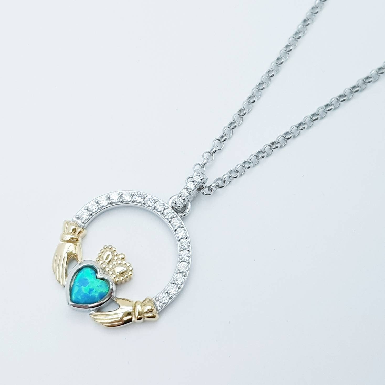 Black Opal Claddagh pendant, claddagh necklace, yellow gold and silver claddagh pendant October birthstone