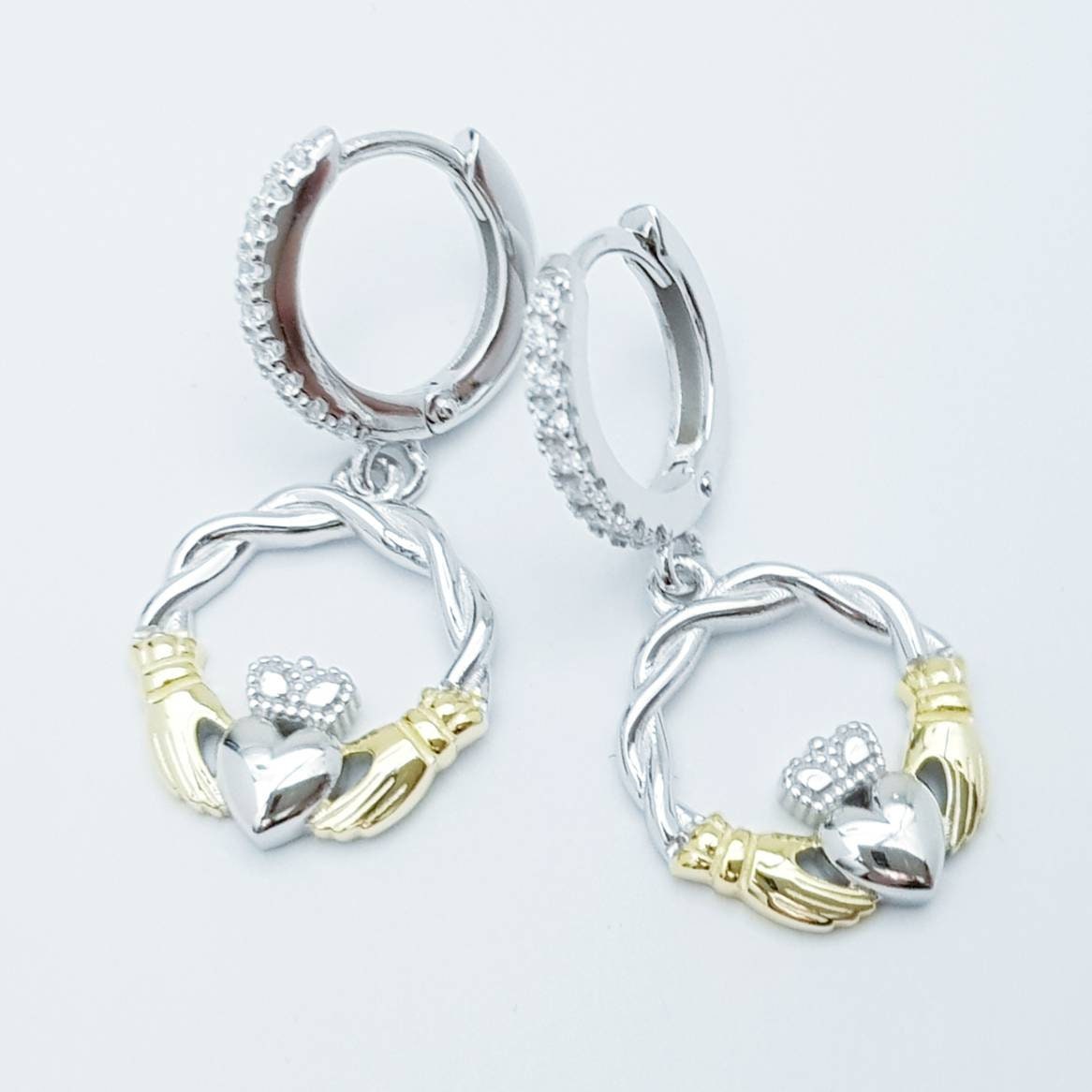 Silver hoop Claddagh Earrings, braided Claddagh Earrings, silver and Gold Claddagh drop Earrings