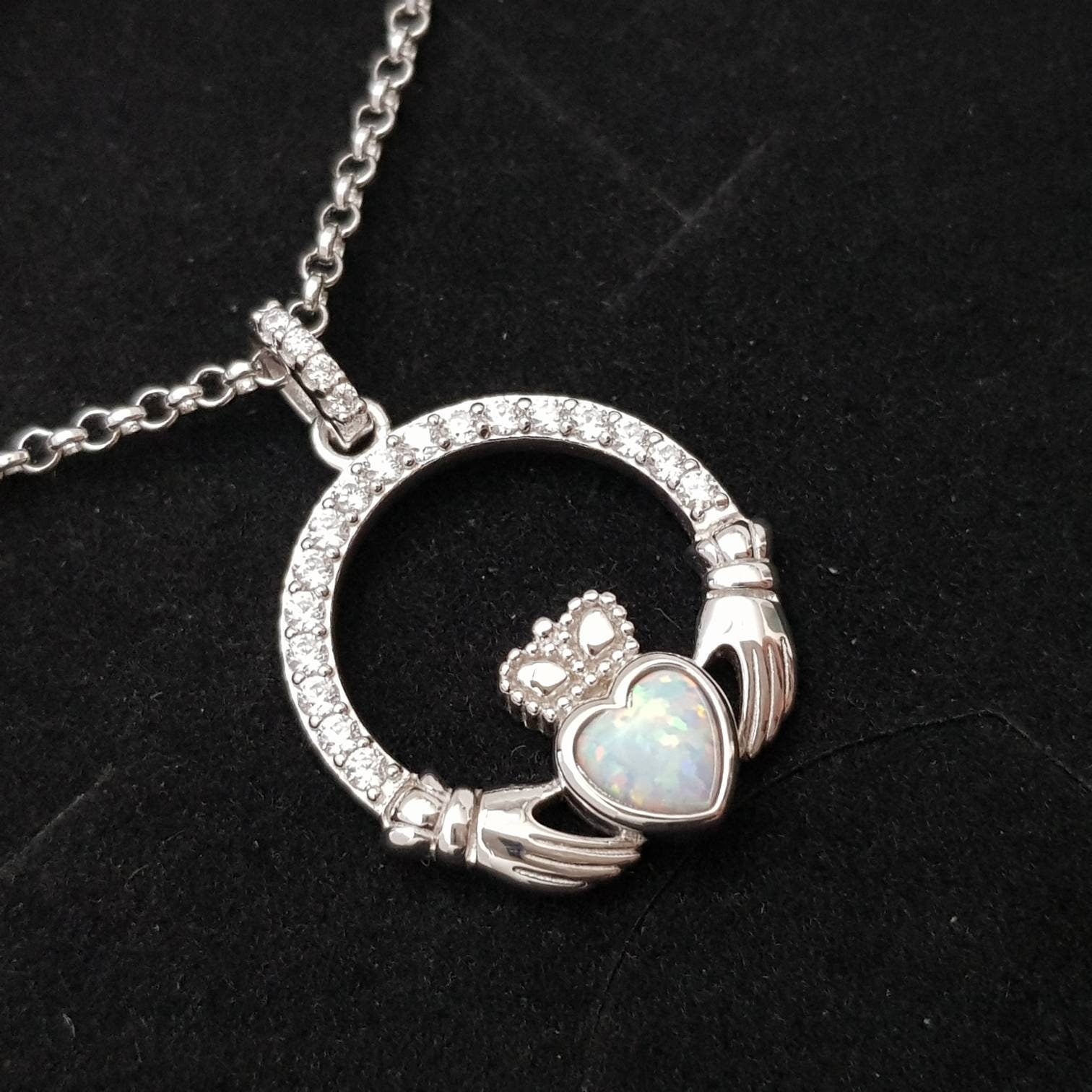 White Opal Claddagh pendant, claddagh necklace, sterling silver claddagh pendant October birthstone