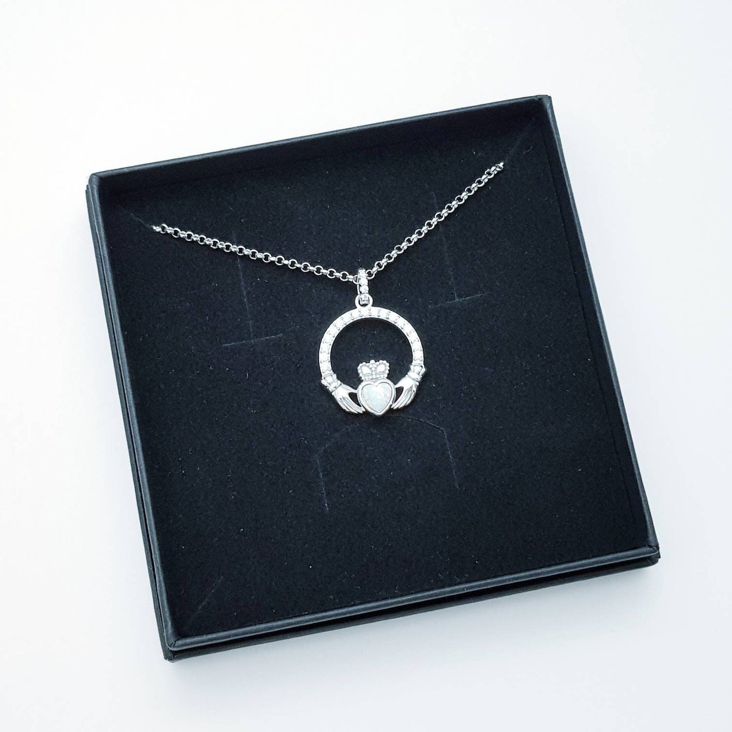White Opal Claddagh pendant, claddagh necklace, sterling silver claddagh pendant October birthstone