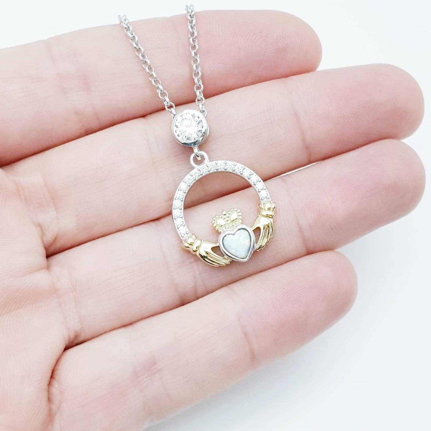 White Opal Claddagh pendant, claddagh necklace, yellow gold claddagh pendant October birthstone