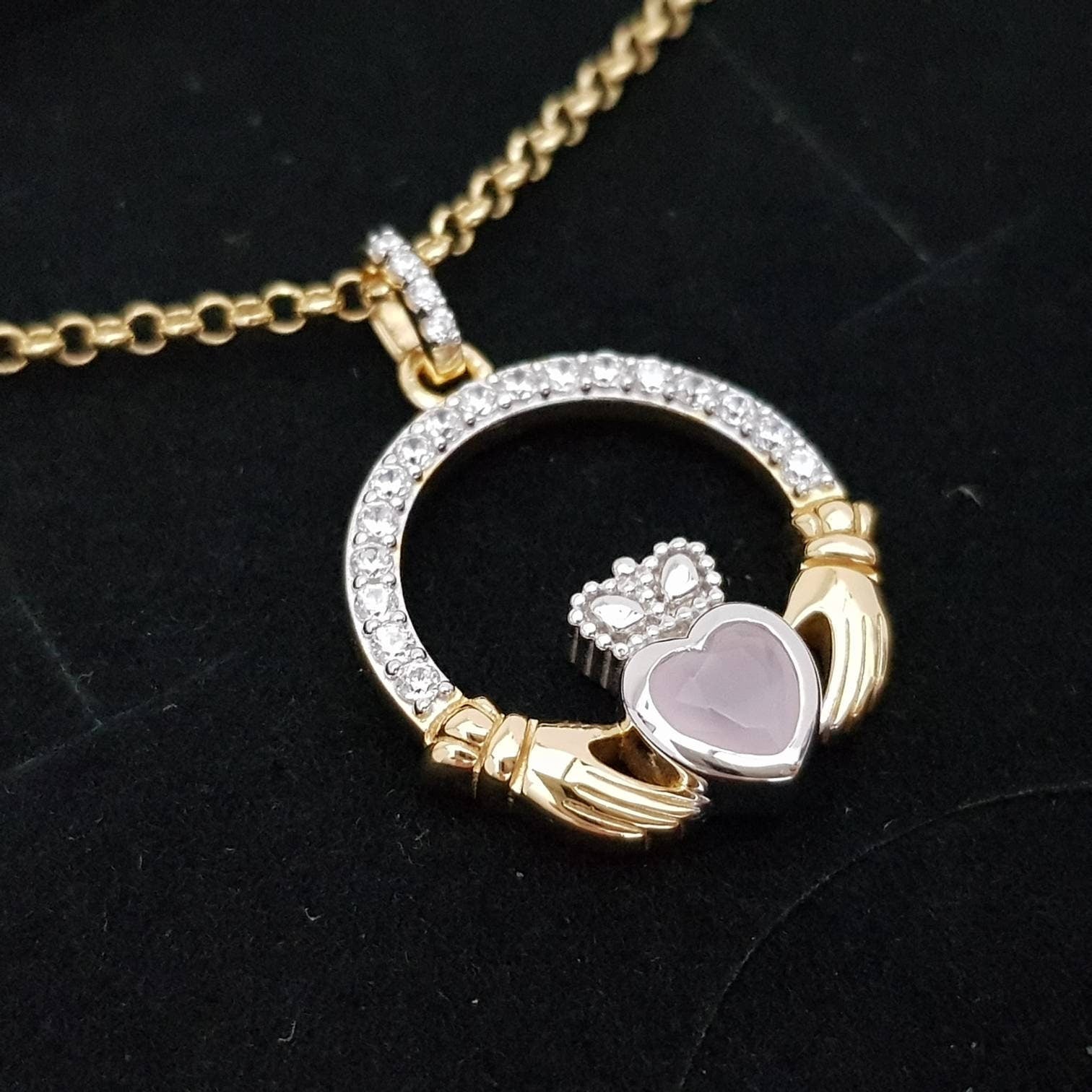 Baby pink Claddagh pendant, Irish claddagh necklace from Galway, Ireland, Angel wing claddagh chain