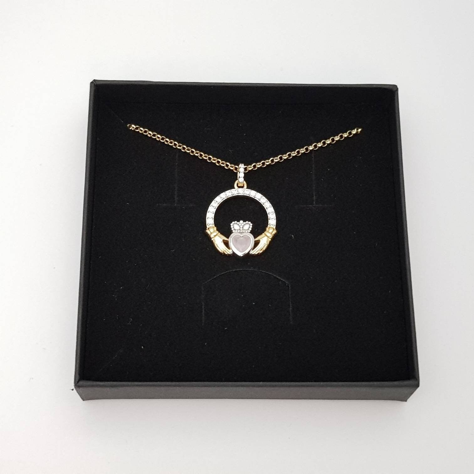 Baby pink Claddagh pendant, Irish claddagh necklace from Galway, Ireland, Angel wing claddagh chain