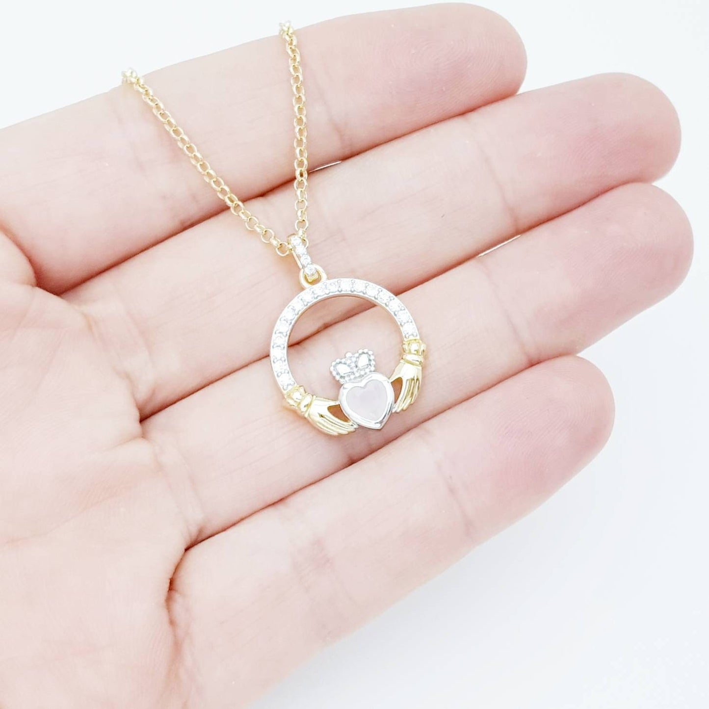 Baby pink Claddagh pendant, Irish claddagh necklace from Galway, Ireland, Angel wing claddagh chain