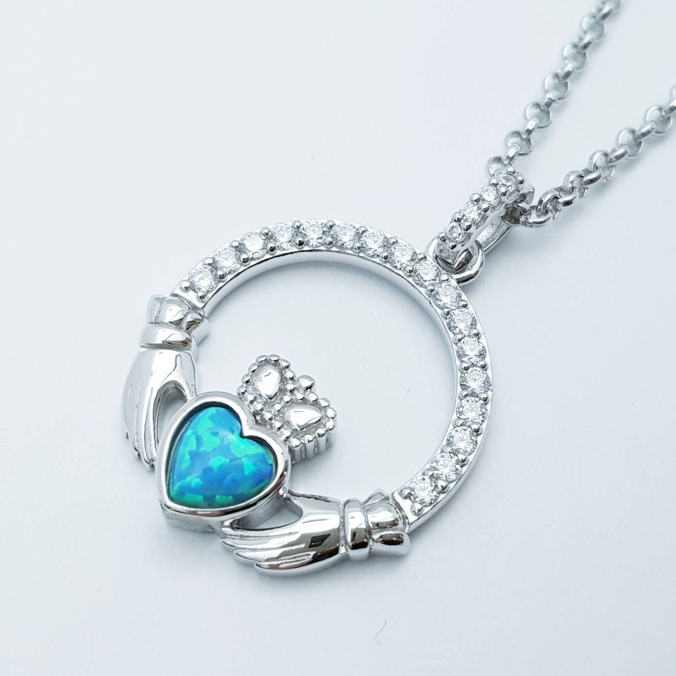 Opal Claddagh pendant, claddagh necklace, sterling silver claddagh pendant