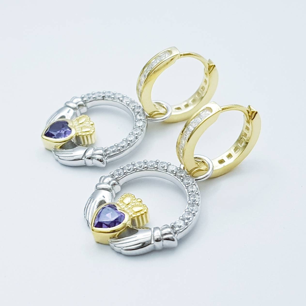 Silver hoop Claddagh Earrings, 2 earring in 1, dainty yellow gold hoops