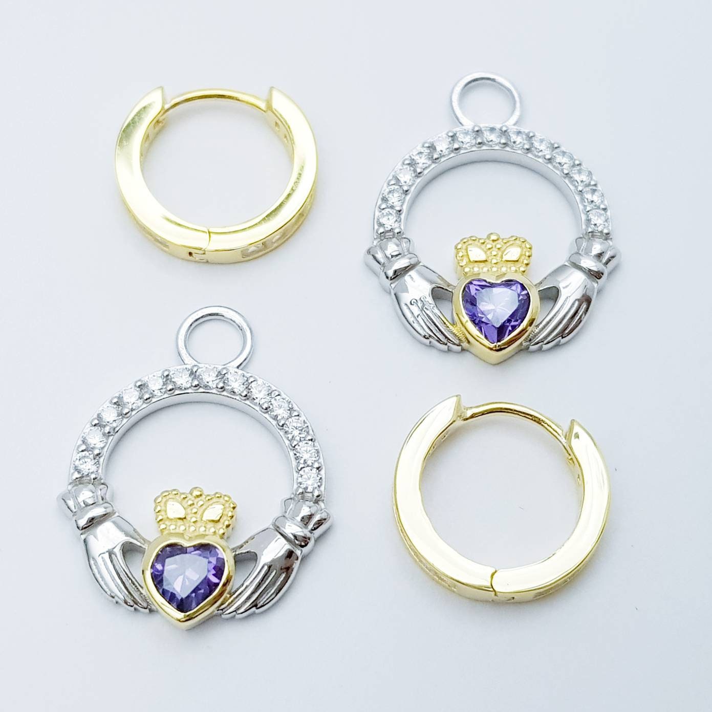 Silver hoop Claddagh Earrings, 2 earring in 1, dainty yellow gold hoops