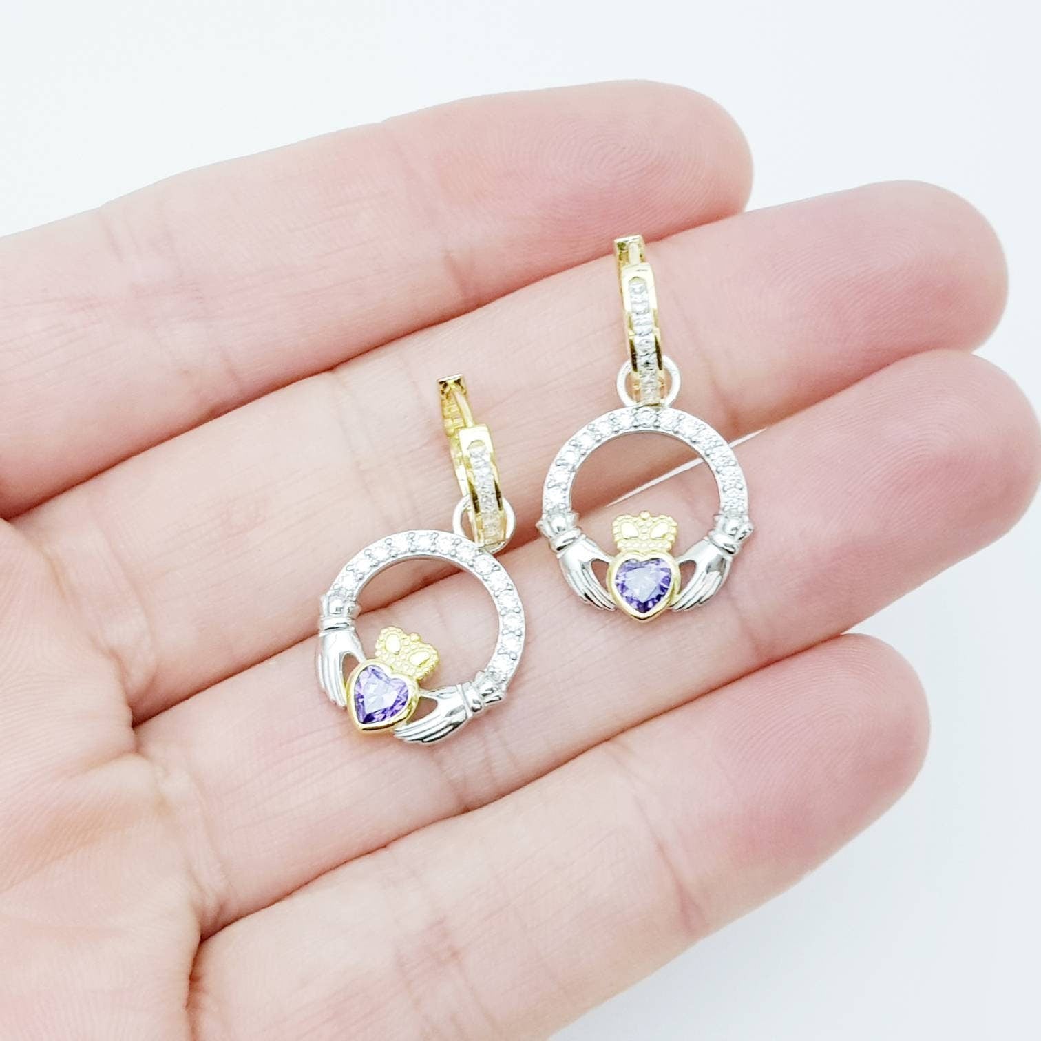 Silver hoop Claddagh Earrings, 2 earring in 1, dainty yellow gold hoops